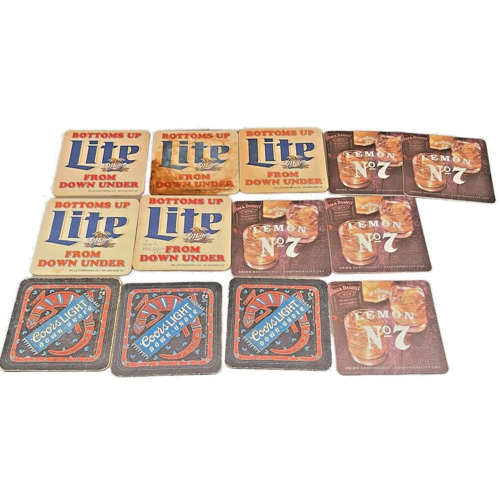 Old Beverage Coasters Coors & Miller Down Under , Old No 7 Lemon Lot Of 13